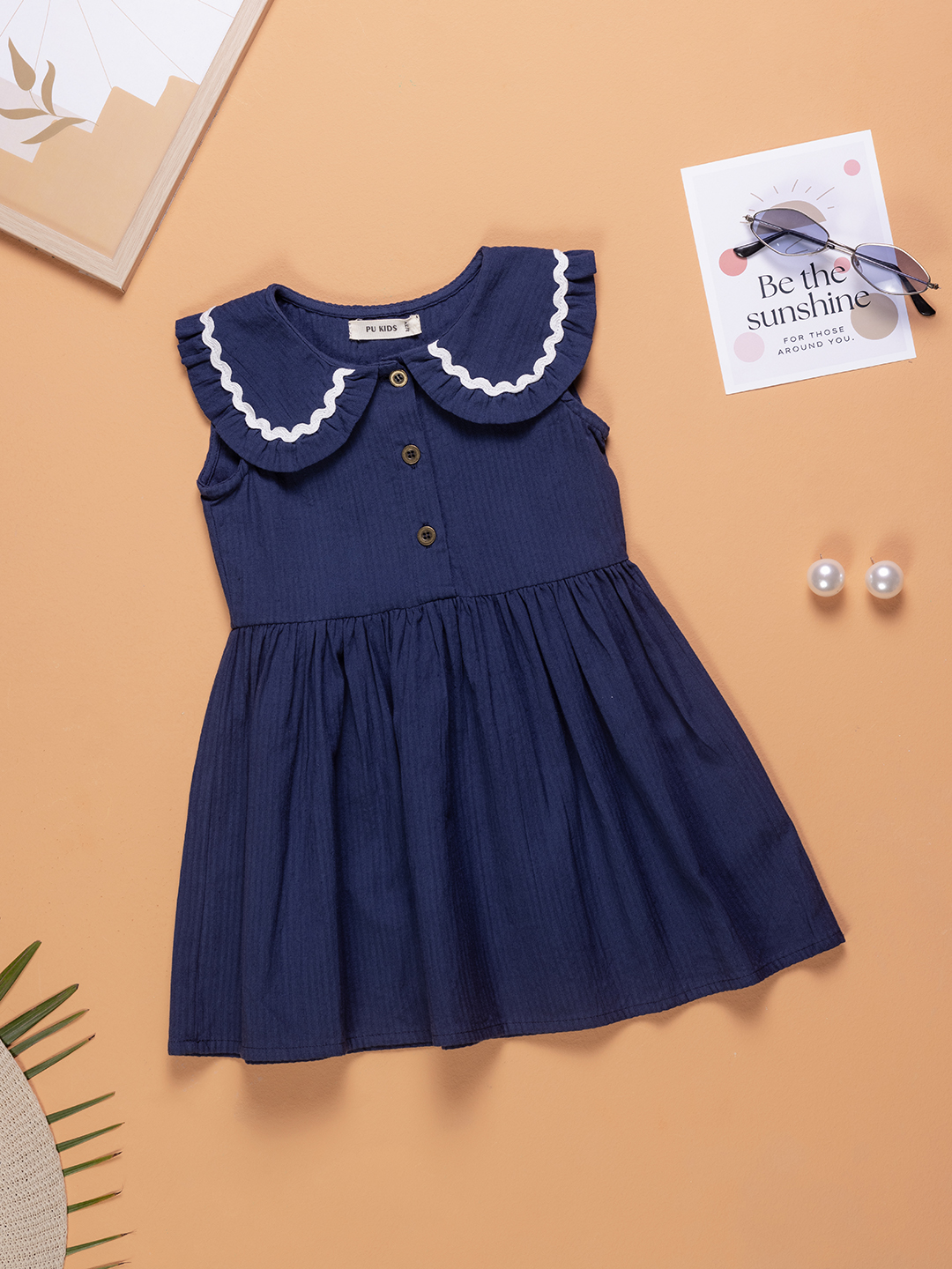 Girls Navy Blue Dobby Dress with Contrast Collar Detail