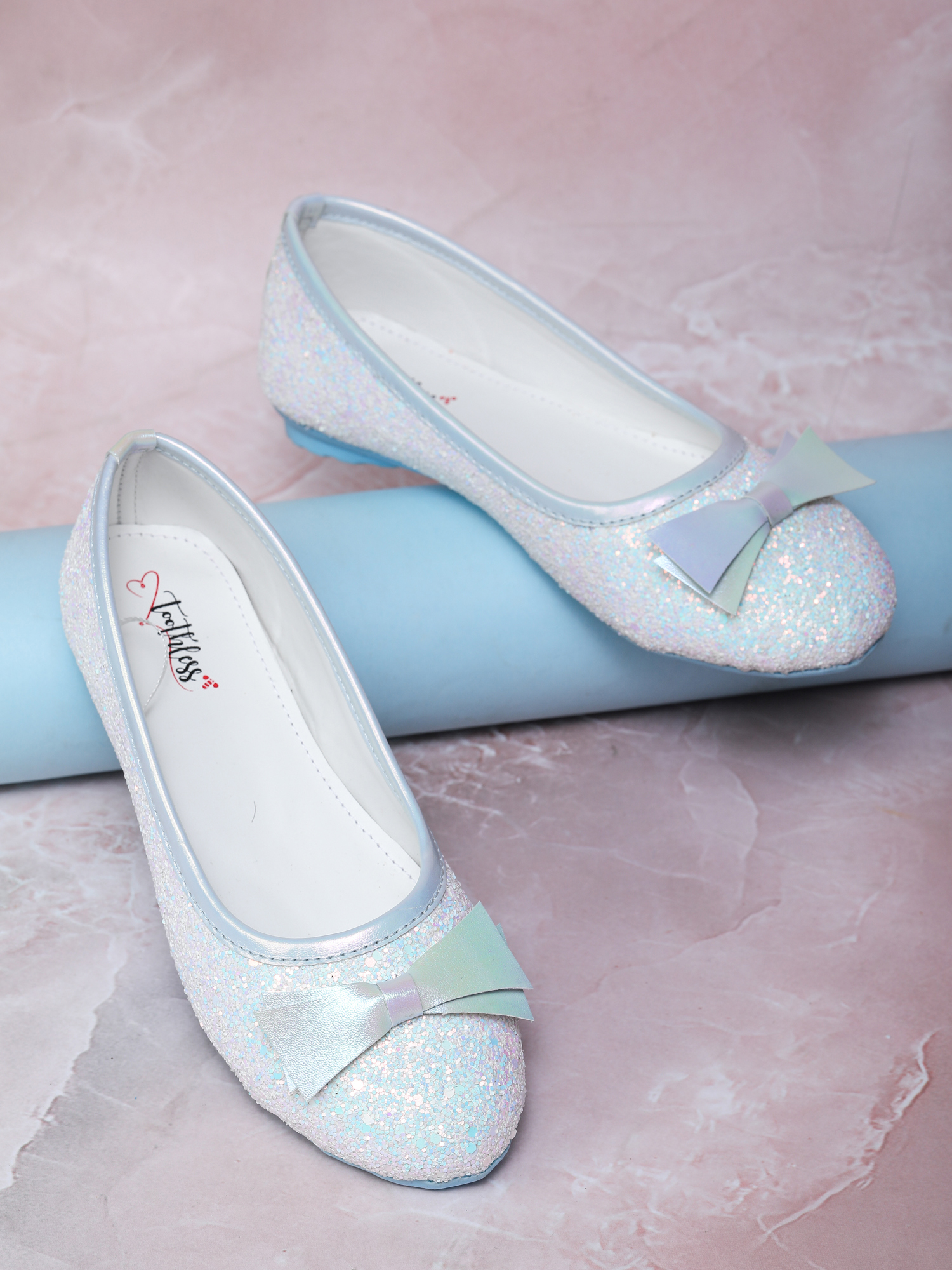 Kids Girls Pink Glitter Ballerinas with Soft Bow Detail Sparkly Belly Shoes