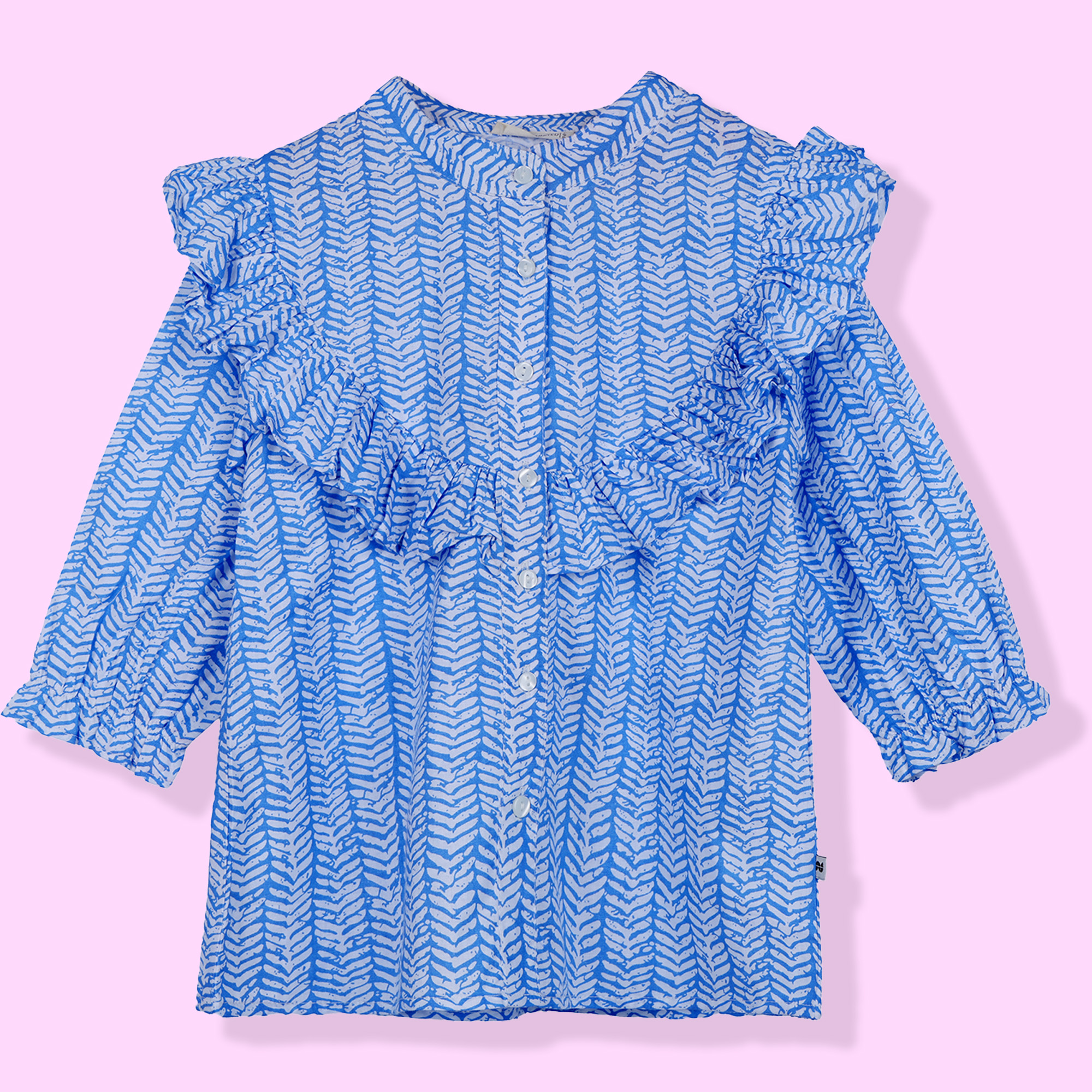 Kids Girls Cotton Full Sleeves Collared Neck Printed Ruffle Top