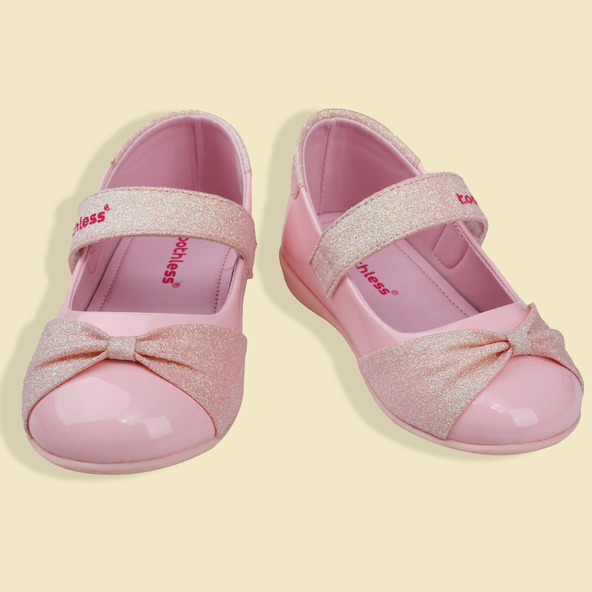 Girls Pink Glossy Ballerinas with Glitter Bow and Strap