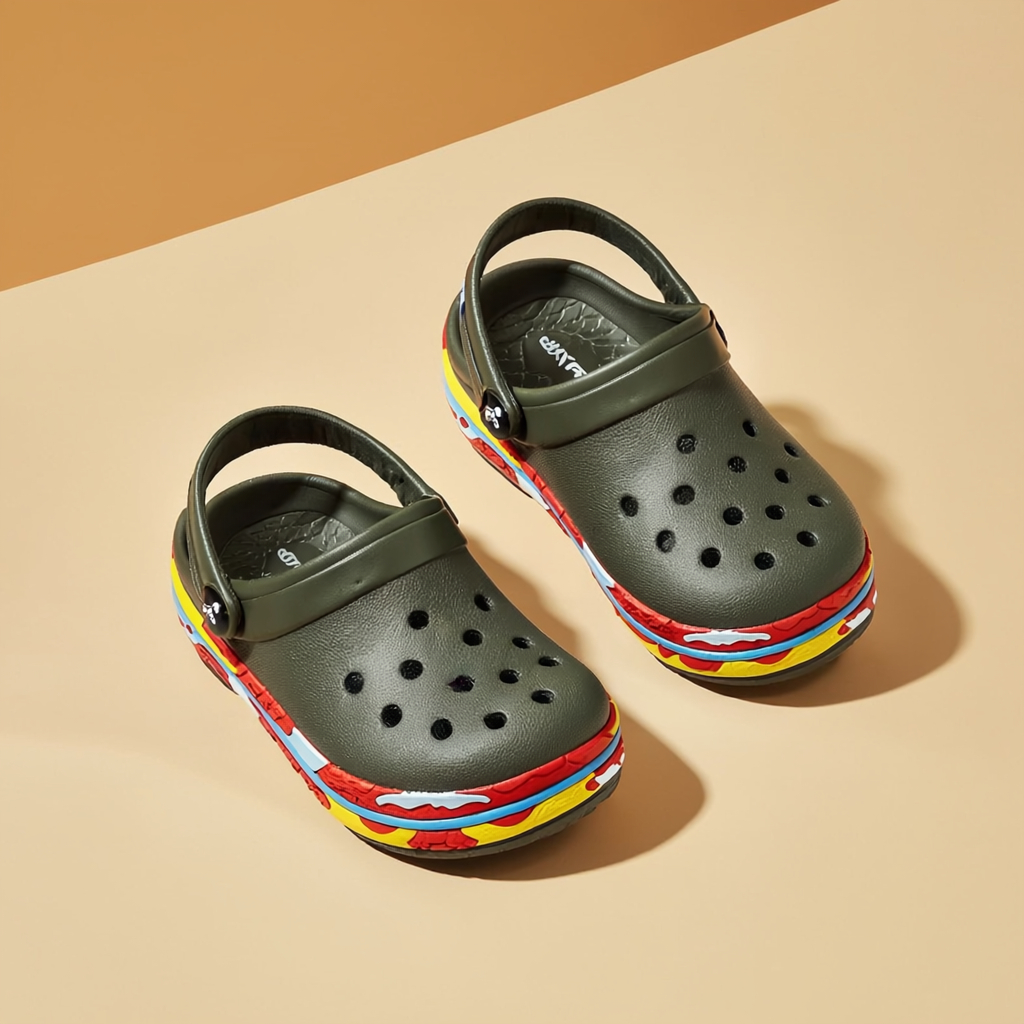 Boys Olive Clogs with Multicolour Sole Accent