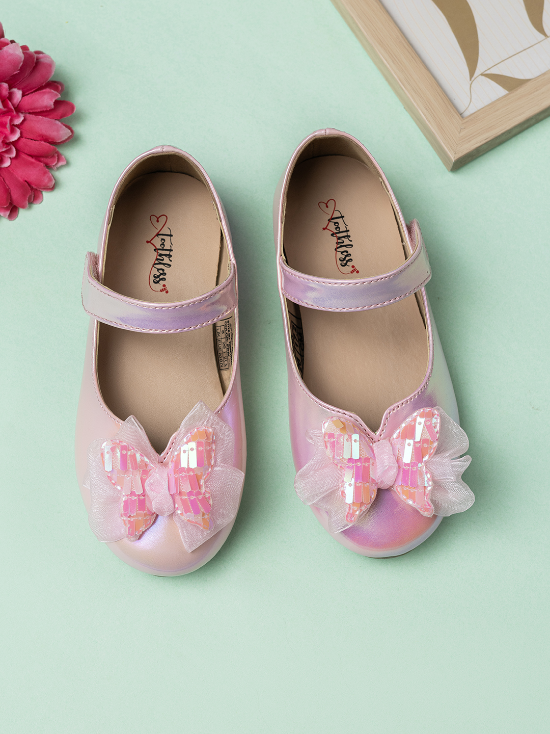 Girls Metallic Pink Ballerinas with Butterfly Bow Detail