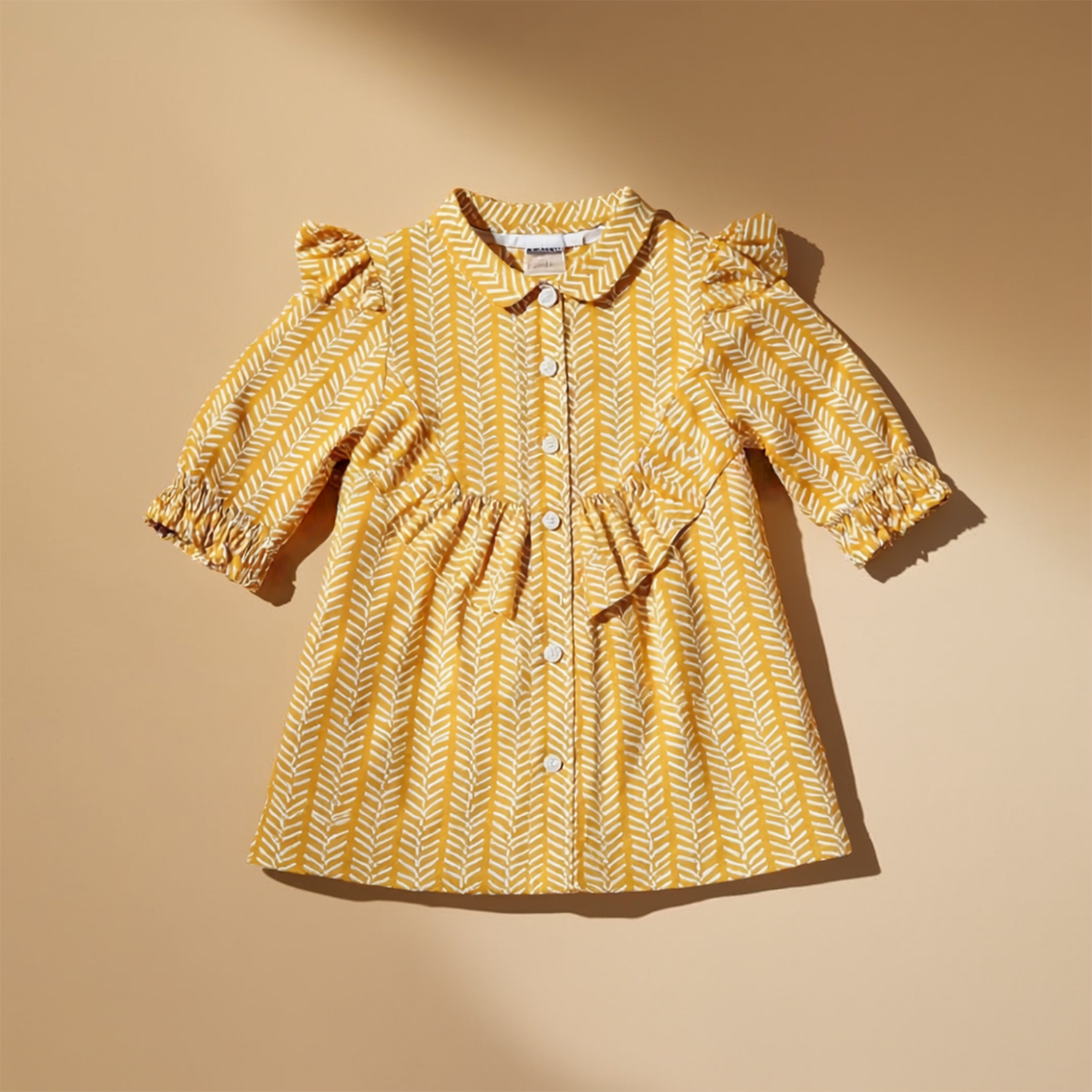 Girls Yellow Printed Poplin Top with Ruffle Detail