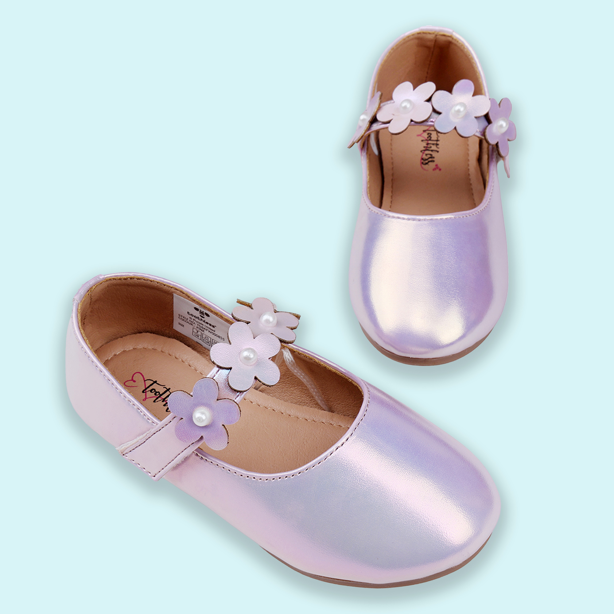 Girls Pink Shimmer Ballerinas with Floral Detail