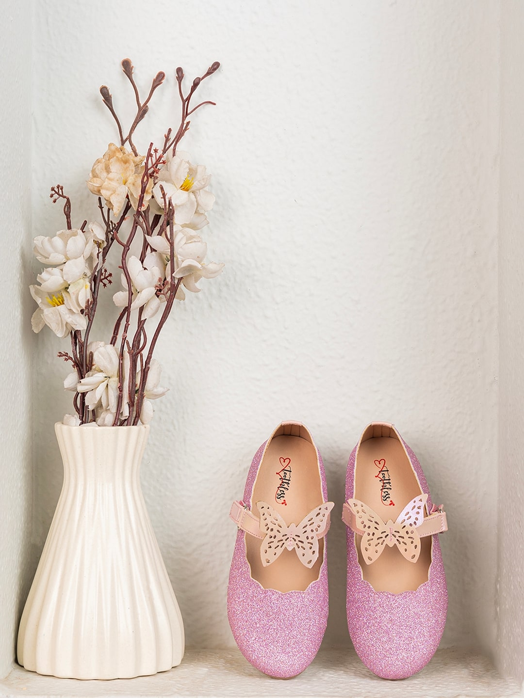 Girls Pink Glitter Ballerinas with Butterfly Detail