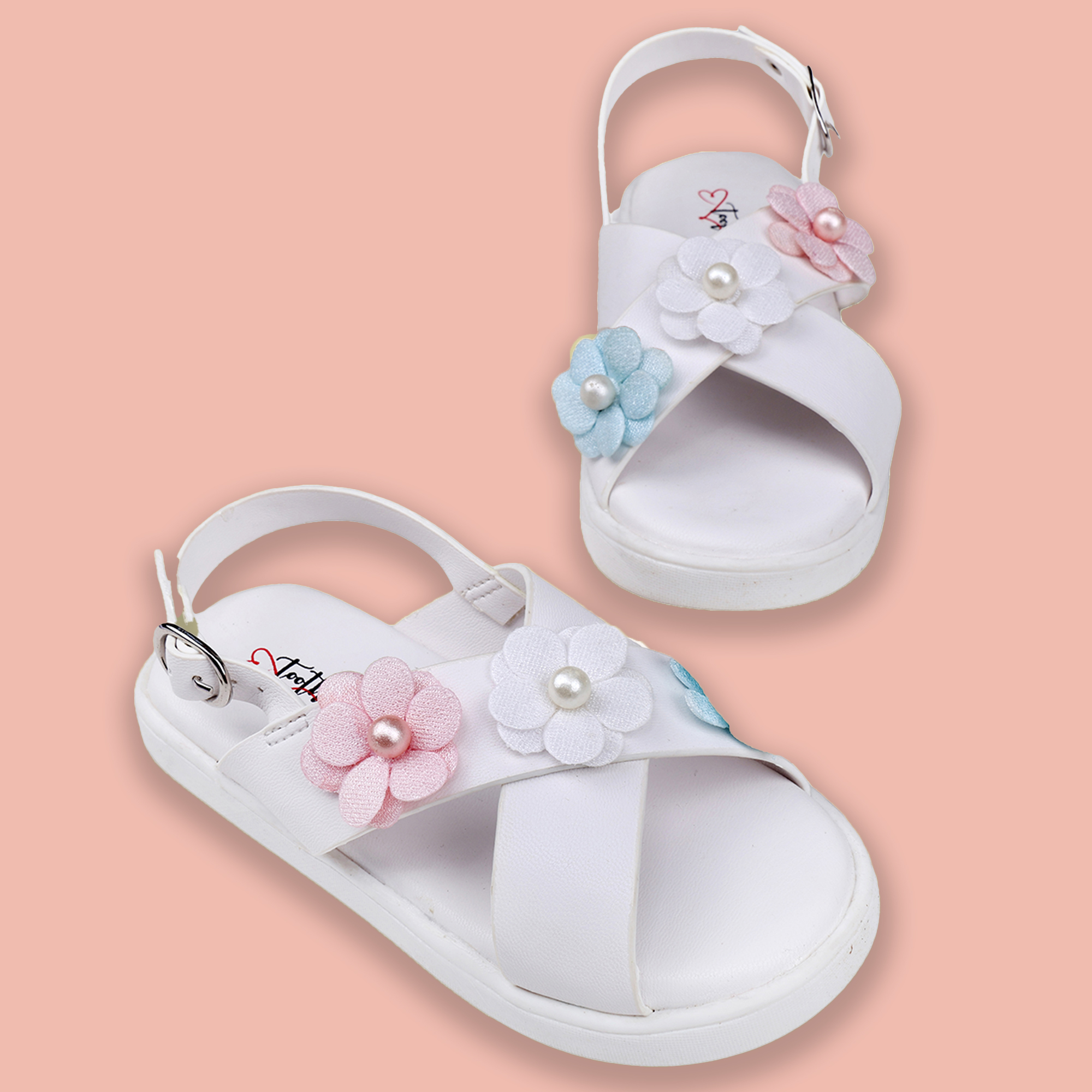 Girls White Floral Pearl Embellished Sandals