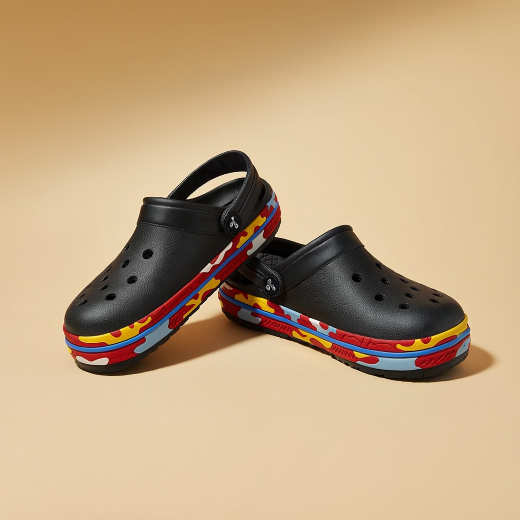Boys Black Clogs with Multicolour Sole Detail