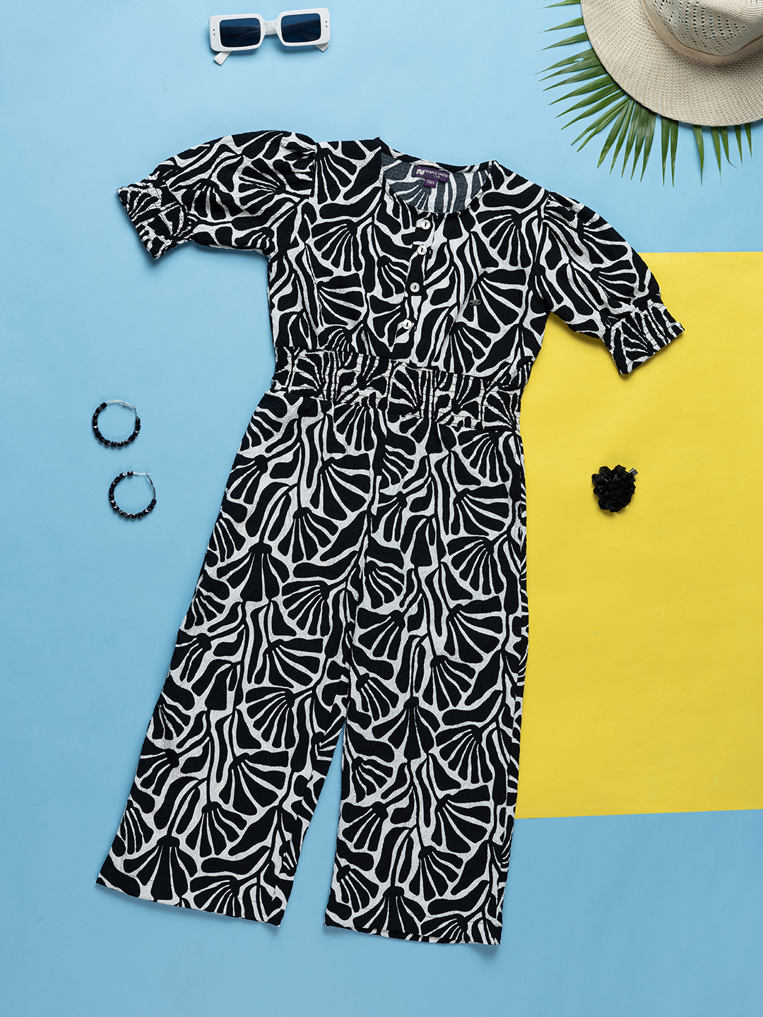 Girls Black & White Printed Poly Crepe Jumpsuit