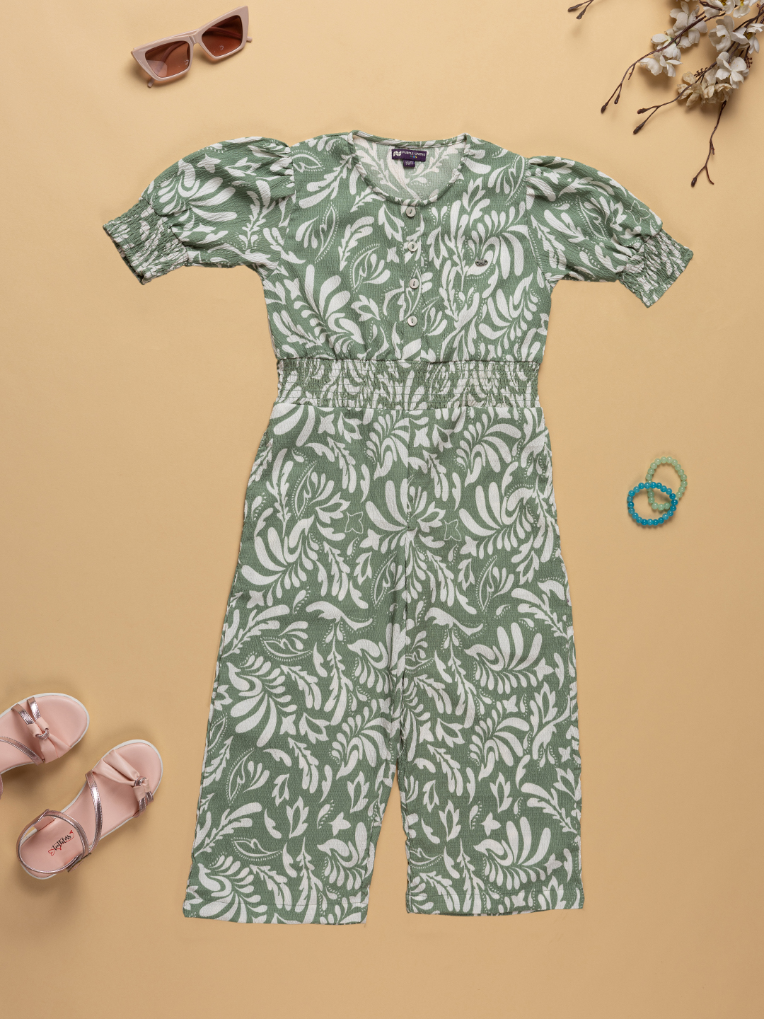 Girls Green & White Printed Poly Crepe Jumpsuit