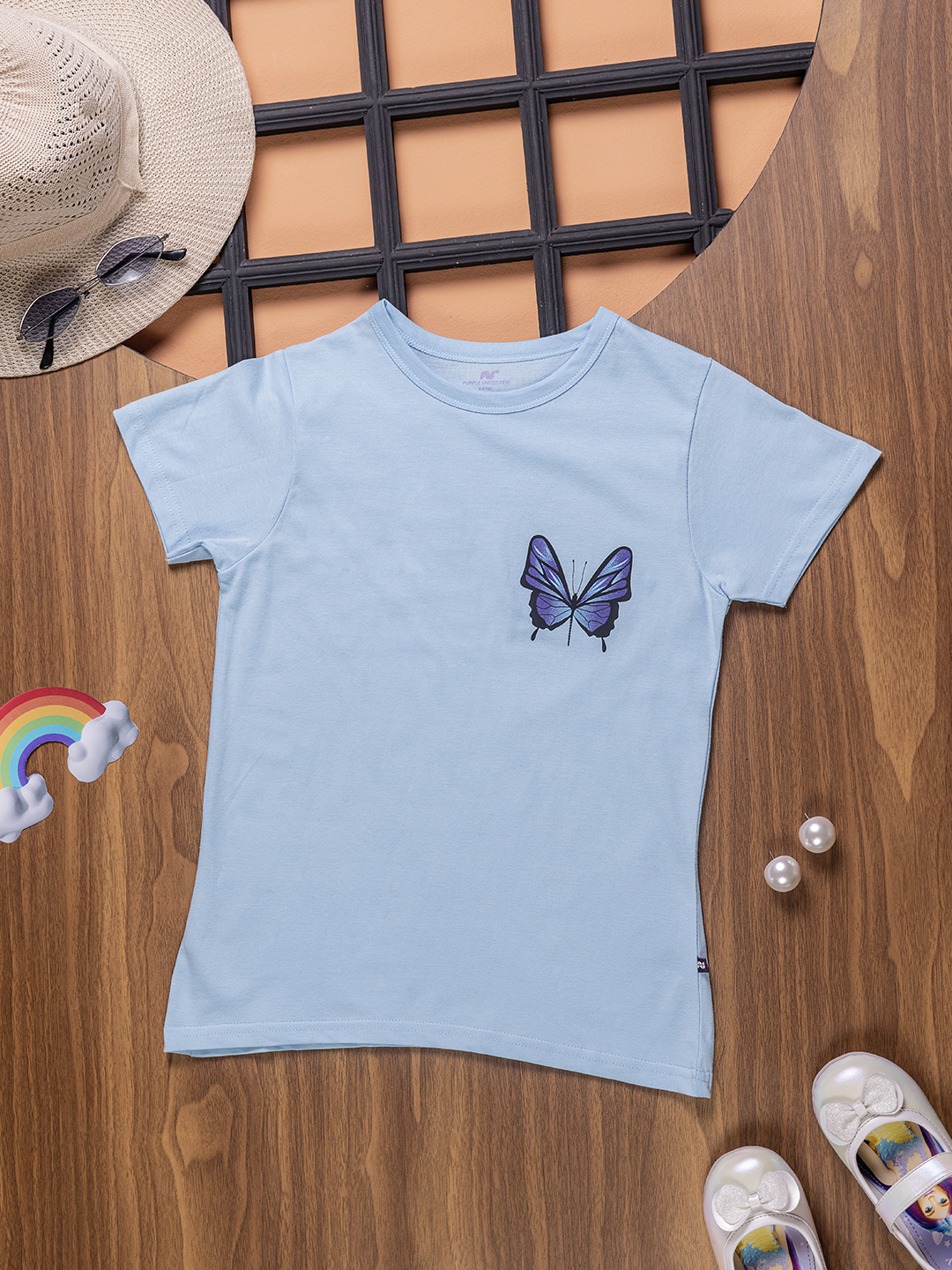 Girls Light Blue Single Jersey T Shirt with Butterfly Graphic Print