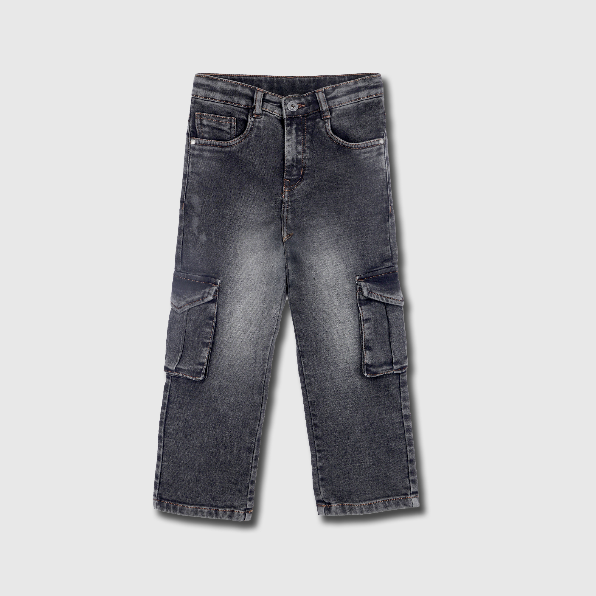 Boys Dark Grey Washed Denim Cargo Jeans